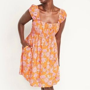 Old Navy Orange Floral Tie-Back Dress